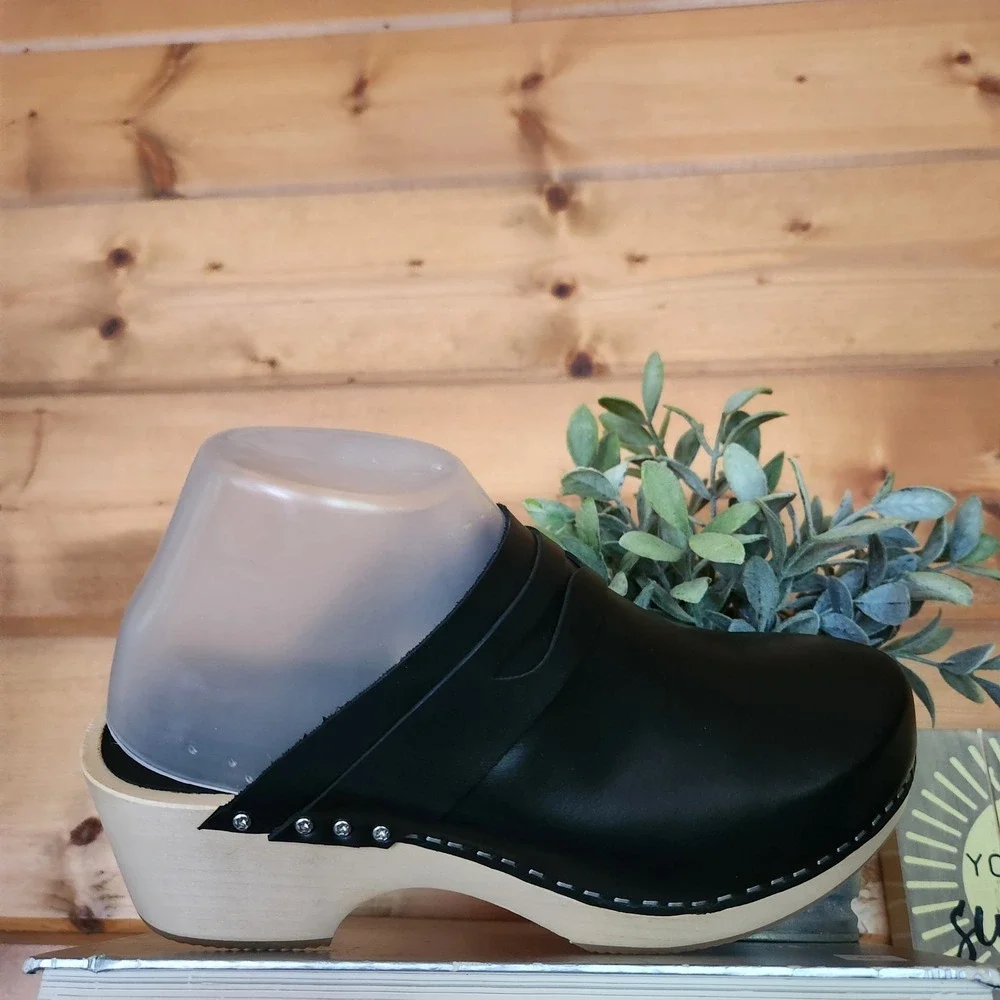 Aormatou Black Leather Wooden Penny Loafer Clogs Handmade Block Heel Shoes Sz 8 - Picture 3 of 7